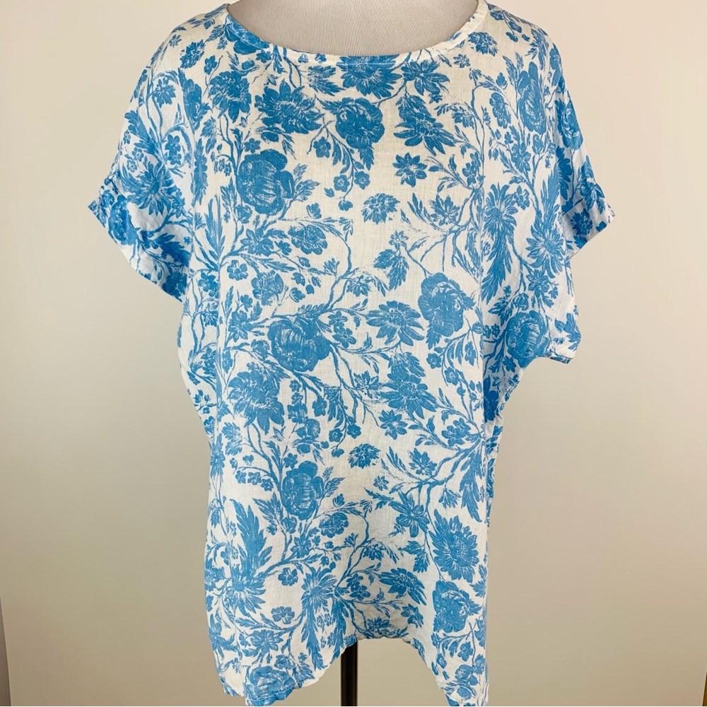 Bellambia Made in Italy White Blue Floral Linen Tee Size Large